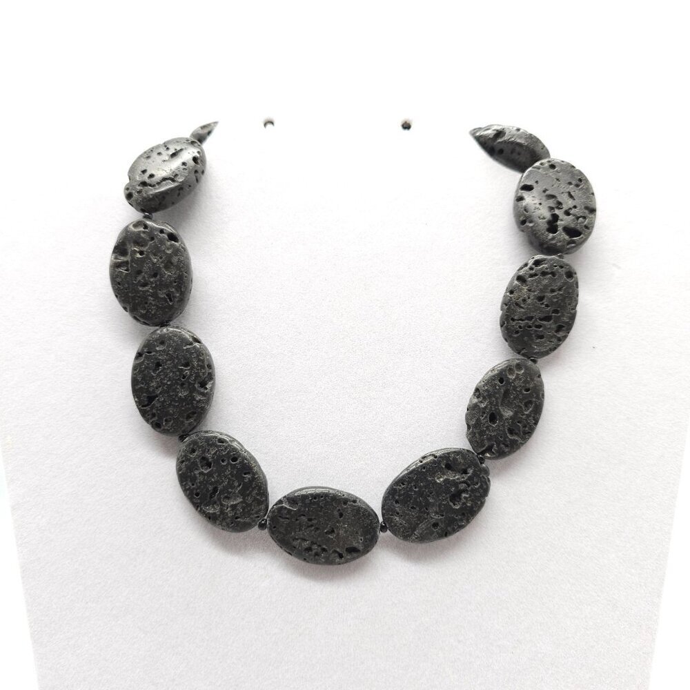 Chunky Black Lava Rock Beaded Necklace Sterling Toggle Clasp 16 Inches Long